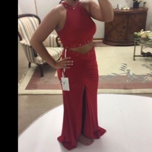 Red beaded prom dress
